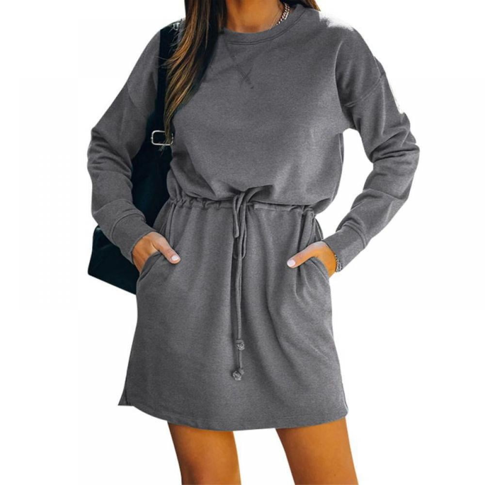 Women Pocket Long Sleeve Short Dress Spring Summer Collar High Waist Dresses  - Walmart.ca