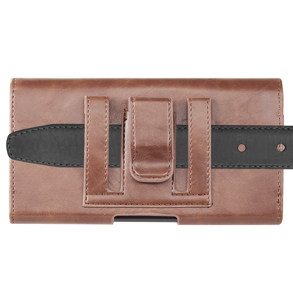 6.5-inch Horizontal Brown PU Leather Cell Phone Holster Universal Fit with Belt Clip, Embossed Eagle Design