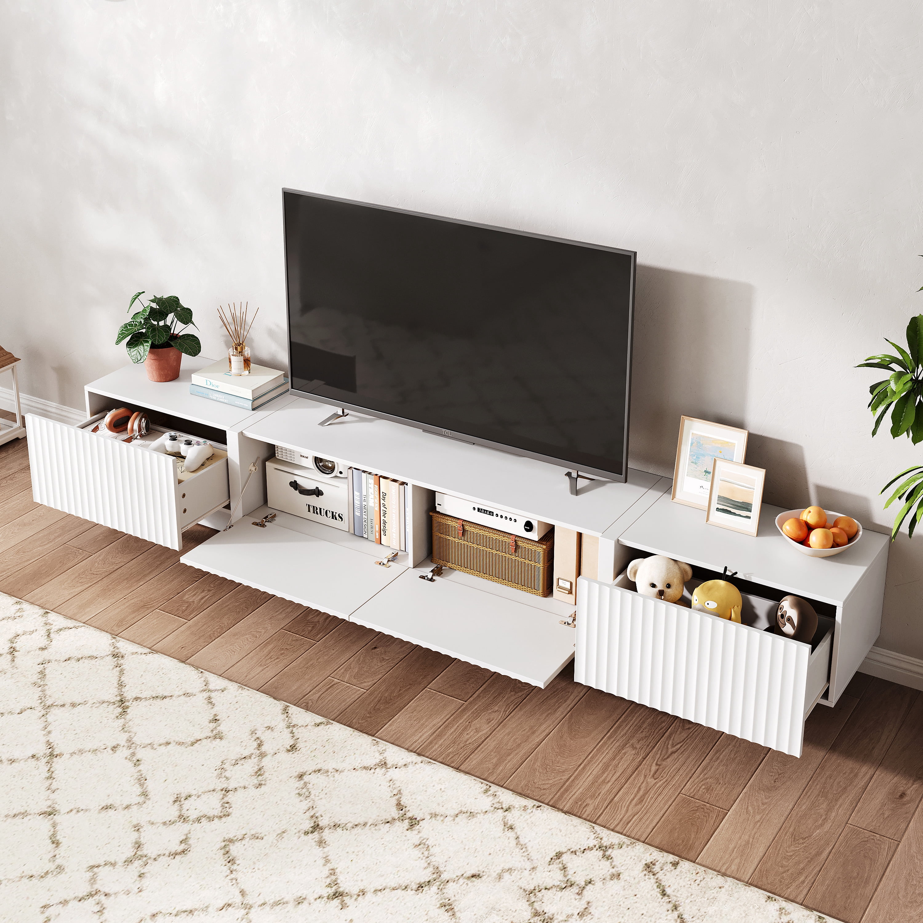 98" White Modern TV Stand, Large Entertainment Center with Drawers & Storage Compartments, Fits 55"-95" TVs for Living Room