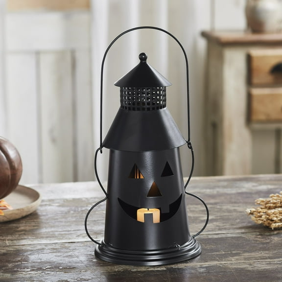 VHC Brands Halloween Lantern Tealight Holder Black, Fall and Halloween Kitchen Dining Table Candle Holder, Pumpkin Decor Deep Black, 8x12