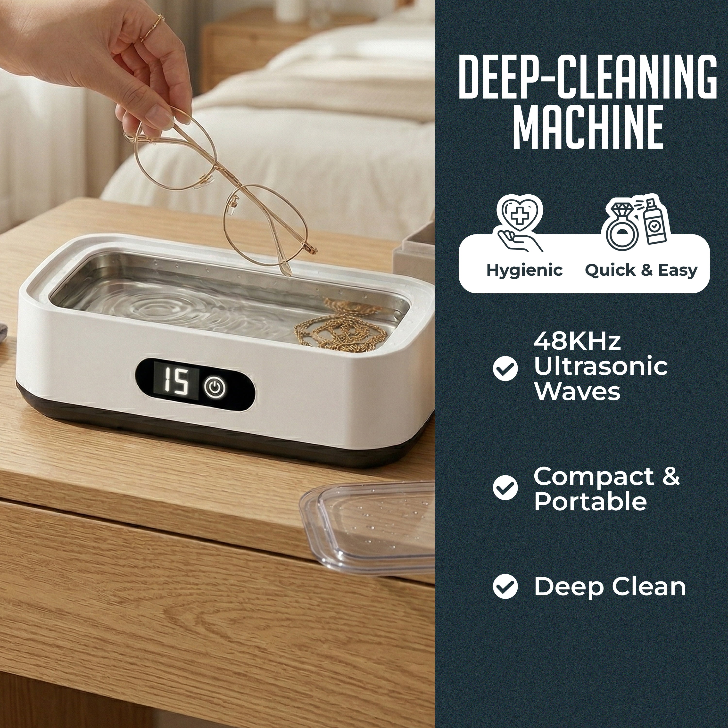 Portable Ultrasonic Jewelry Cleaner, Deep-Cleaning Machine for Eyeglasses, Watches, Dentures, Rings, Blades & More, Lightweight and Durable