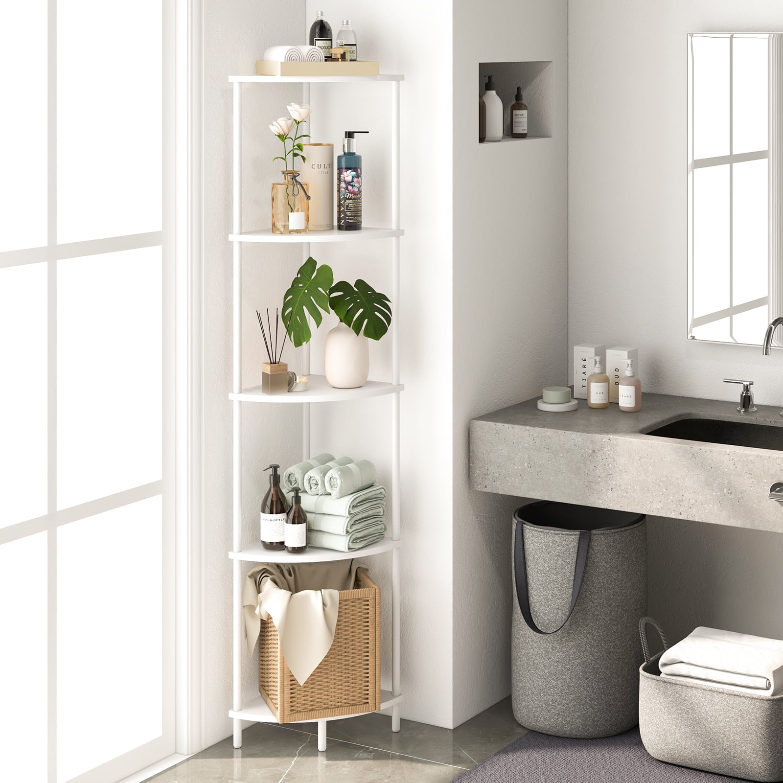 Yoobure Corner Shelf Stand, 5-Tier Corner Shelves, 65" Wall Corner Bookshelf, Display Shelf Tall Shelf Plant Stand for Bedroom, Bathroom, Living Room, White