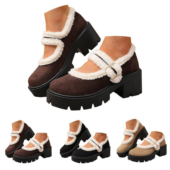 Pandaie Mary Jane Shoes Women Fleece Lined Platform Pumps Dress Shoes Suede Ankle Strap Chunky Mid Heel Winter Oxfords Black 6