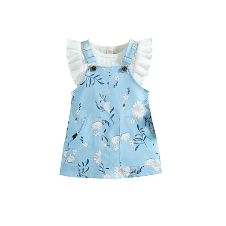 

Nokpsedcb Toddler Kid Girl Ruffle Trim Sleeveless Round Neck Solid Color Tops Floral Print Suspender Skirt Set White 9-12 Months