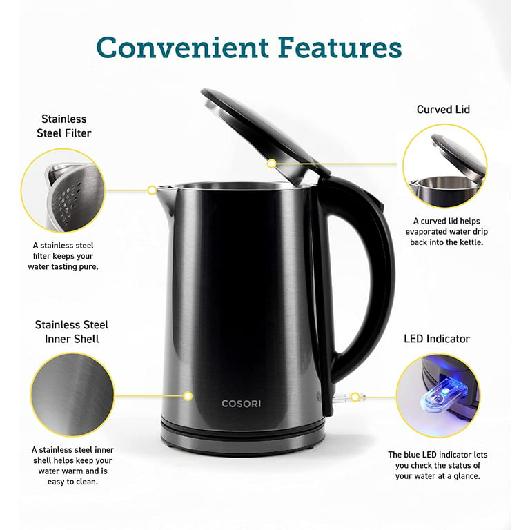 COSORI Electric Kettle Stainless Steel Interior Double Wall, 1.5L Wide-Open  Lid Electric Tea Kettle, 1500W,Black 
