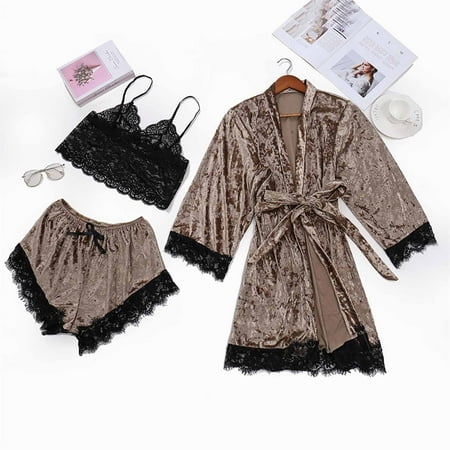 

Qcmgmg 3 Pack Nightgown Sexy Pjs Crop Top Shorts Robe Solid Color Lace Sleepwear Pajamas Set for Women