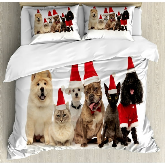 Dog and Cat Duvet Cover Set King Size, Team of Six Pets Wearing Santa Hats Panting, Decorative 3 Piece Bedding Set with 2 Pillow Shams, Charcoal Grey Vermilion Pastel Brown and Cocoa, by Ambesonne