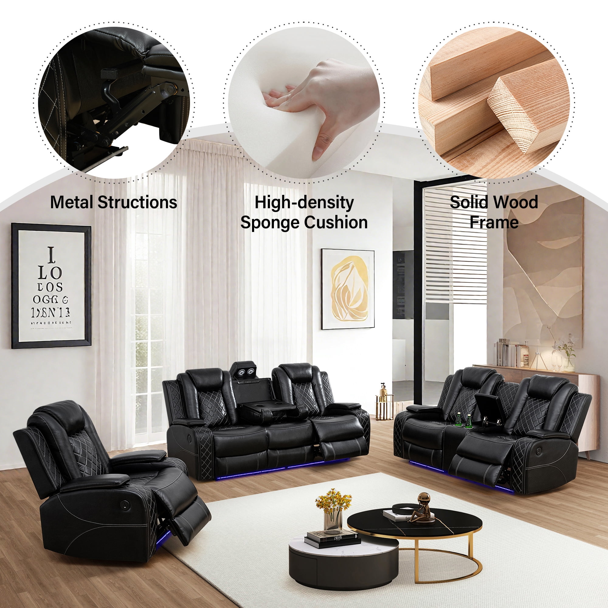 Aukfa 2-Seater Power Recliner Sofa with Cup Holders, USB Charging & Hidden Storage, Modern Electric Loveseat for Living Room Home Theater,Black