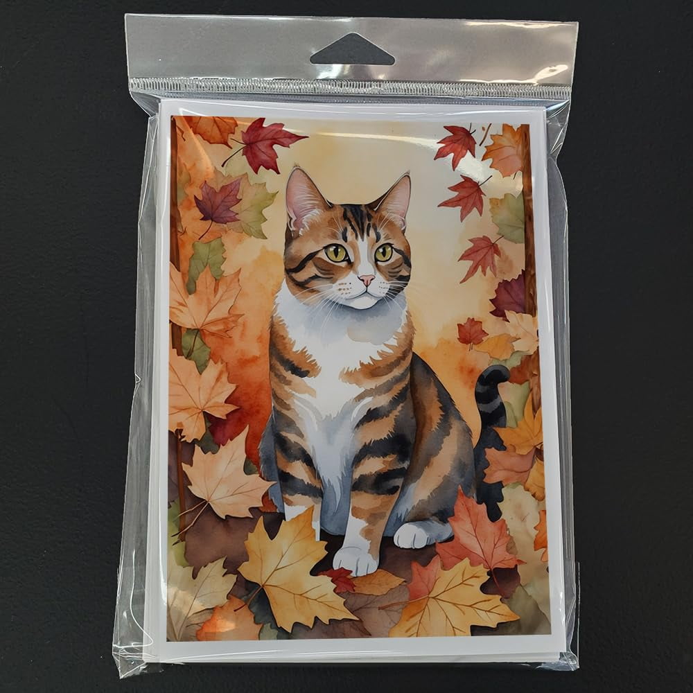 Carolines Treasures DAC7105GCA7P 5 x 7 in. American Polydactyl Cat in Fall Leaves Greeting Cards - Pack of 8