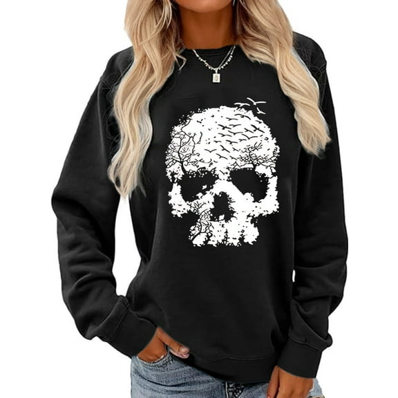 Women's Casual Skeleton pattern Long Sleeve Sweatshirts Crew Neck Pullover Top