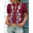 thumbnail image 5 of Women'S Summer Tops 2025 Casual Ruffle V Neck Puff Short Sleeve Button Down Shirts Embroidered Blouses Wine Red S, 5 of 8
