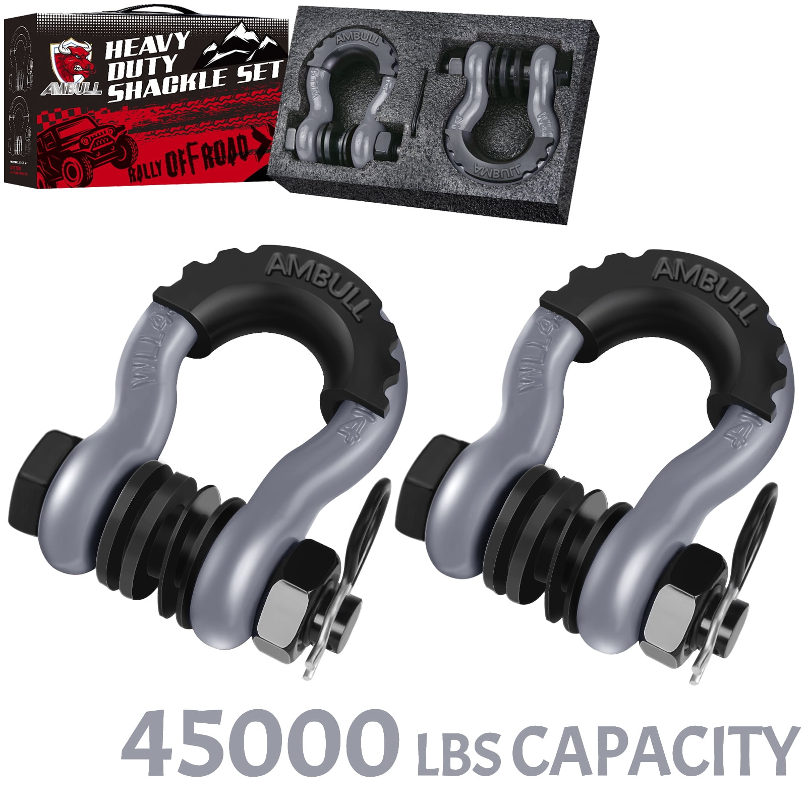 AMBULL Shackles 3/4 Inch D Ring Shackle (2 Pack) 45,000lb Break Strength with 7/8 Inch Pin, Isolator and Washer Kits for Use with Tow Strap, Winch, Off-Road Jeep Truck Vehicle Recovery, Gray