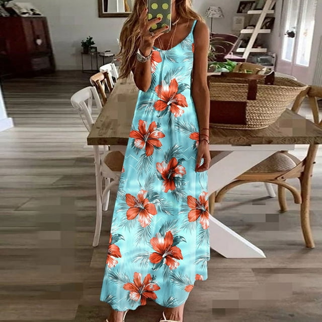 Ovzne Robes pour Femmes Robe d'Été Robes d'Été pour Femmes Imprimé Sans Manches Col Rond Robe Décontractée Longues Robes Grande Taille Robe Imprimée Liquidation