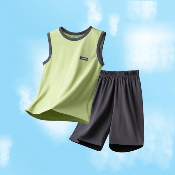 Babcutegg Kids 2Pcs Solid Tank Top Shorts Set Summer Contrast Trim Casual Loungewear Boys Girls 5-17Y Green Size 16