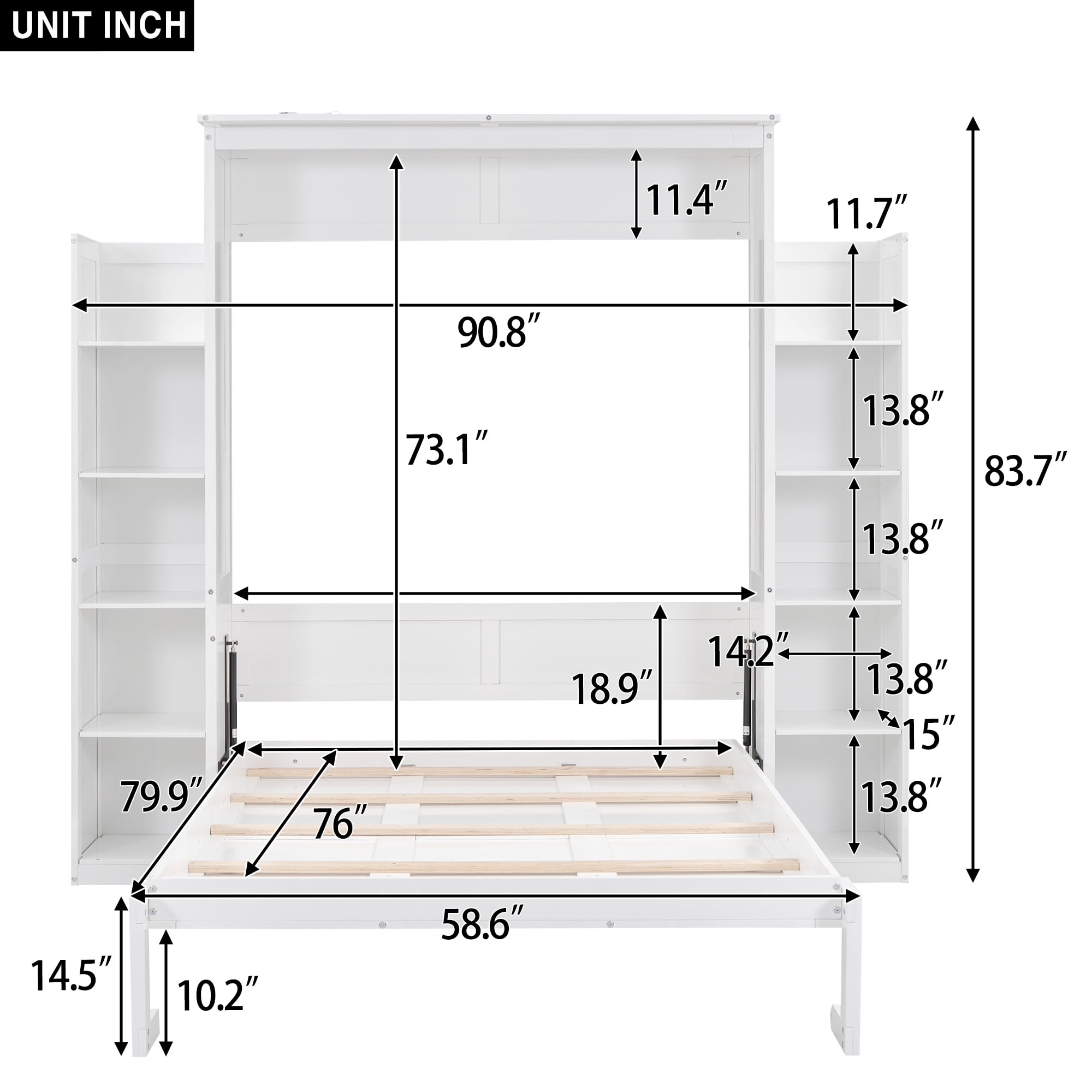 Aukfa Full Size Murphy Bed with 5-Tier Storage Shelf & LED Lights, Foldable Wall Bed Cabinet with Mattress Support, Space-Saving Design for Guest Room/Home Office, White