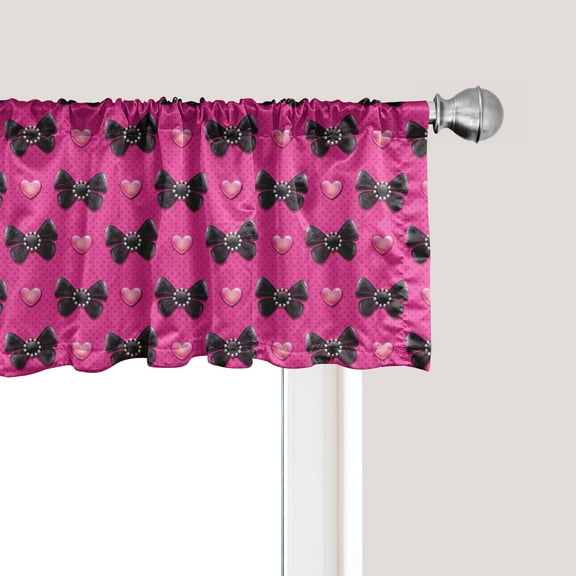 Ambesonne Pearls Window Valance, Bow Ties with Hearts, 54" X 12", Pink Black