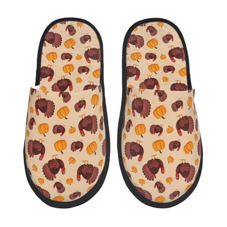 Balery Thanksgiving Turkey and Pumpkin Slient Indoor Furry Fleece Comfort House Shoes Soft Non-Slip Home Shoes Cotton slippers House Slippers-- Large