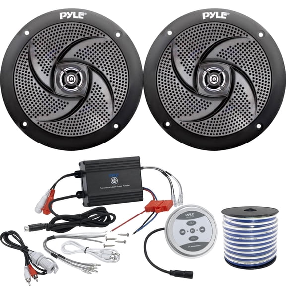 2 x Pyle Marine 4" 2-Way Outdoor 100W Black Stereo Speakers, Pyle Waterproof 600 Watt Bluetooth 2-Channel Boat Yacht Amplifier System, Enrock Marine-Grade 18-Gauge Speaker Wire