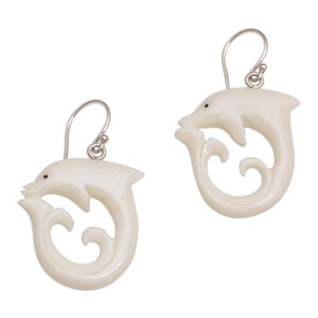 NOVICA Bone dangle earrings, 'Dolphin Swirl'