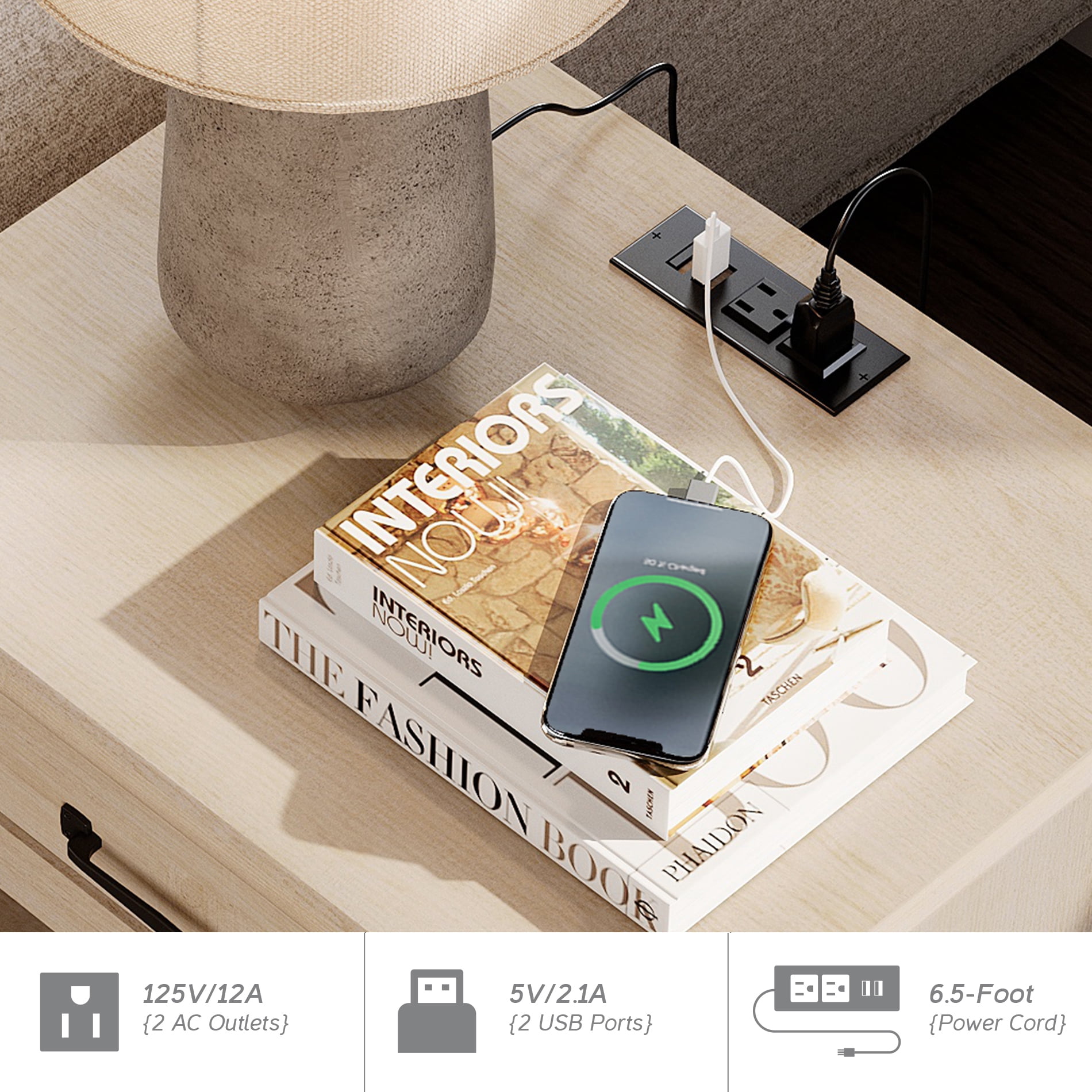 Set of 2 Side Tables with 2 Drawers, Beige End Table with Charging Station, Wooden Nightstand for Bedroom, Living Room