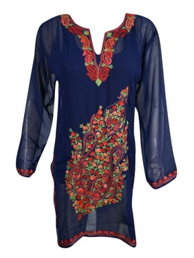 Mogul Women Tunic Sheer Soft Sexy Blue Georgette Floral Hand Embroidered Kurti Dress