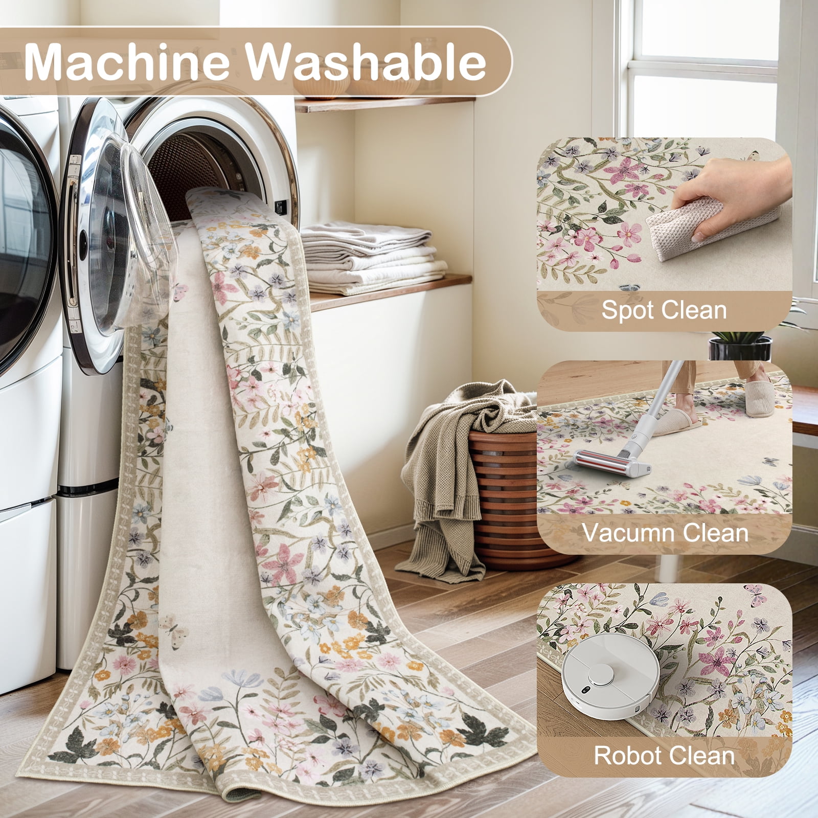 Wonnitar 4'x6' Floral Area Rugs for Living Room, Washable Rugs for Bedroom Beige Vintage Throw Rugs for Dining Room Sunroom Home Office, Soft Non Slip Stain Resistant