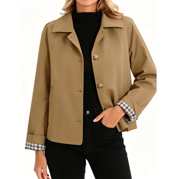 Plaid Patchwork Women Long Sleeve Lapel Single Breasted Jacket Trench Coat