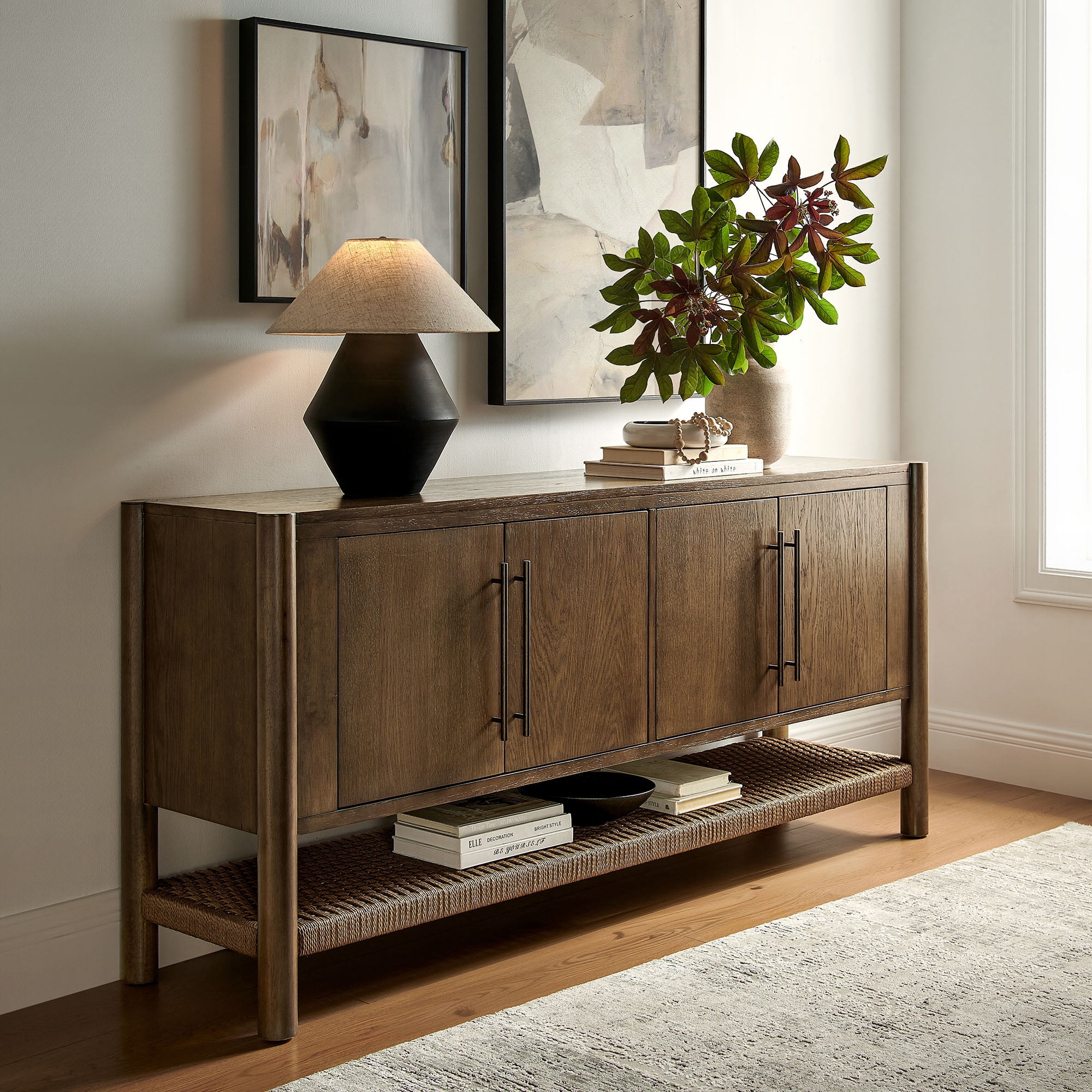 Jenna Accent Buffet Cabinet, 3-Door Solid Wood Sideboard with Metal Knobs in Distressed Natural Finish