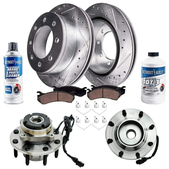 Detroit Axle - Front Brake Kit for 4WD SRW 2000-2002 Ford F-250 F-350 Super Duty Excursion Drilled Slotted Brake Rotors Wheel Bearing Hubs 2000 2001 2002 Ceramic Brakes Pads Replacement