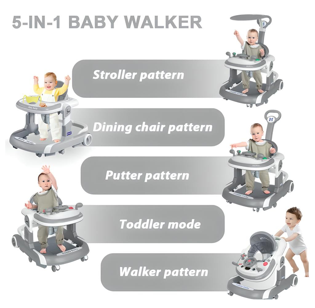 LUOLUO 5-in-1 Foldable Baby Walker with Foot Pads/Handles for Boys and Girls 6-24 Months,Gray