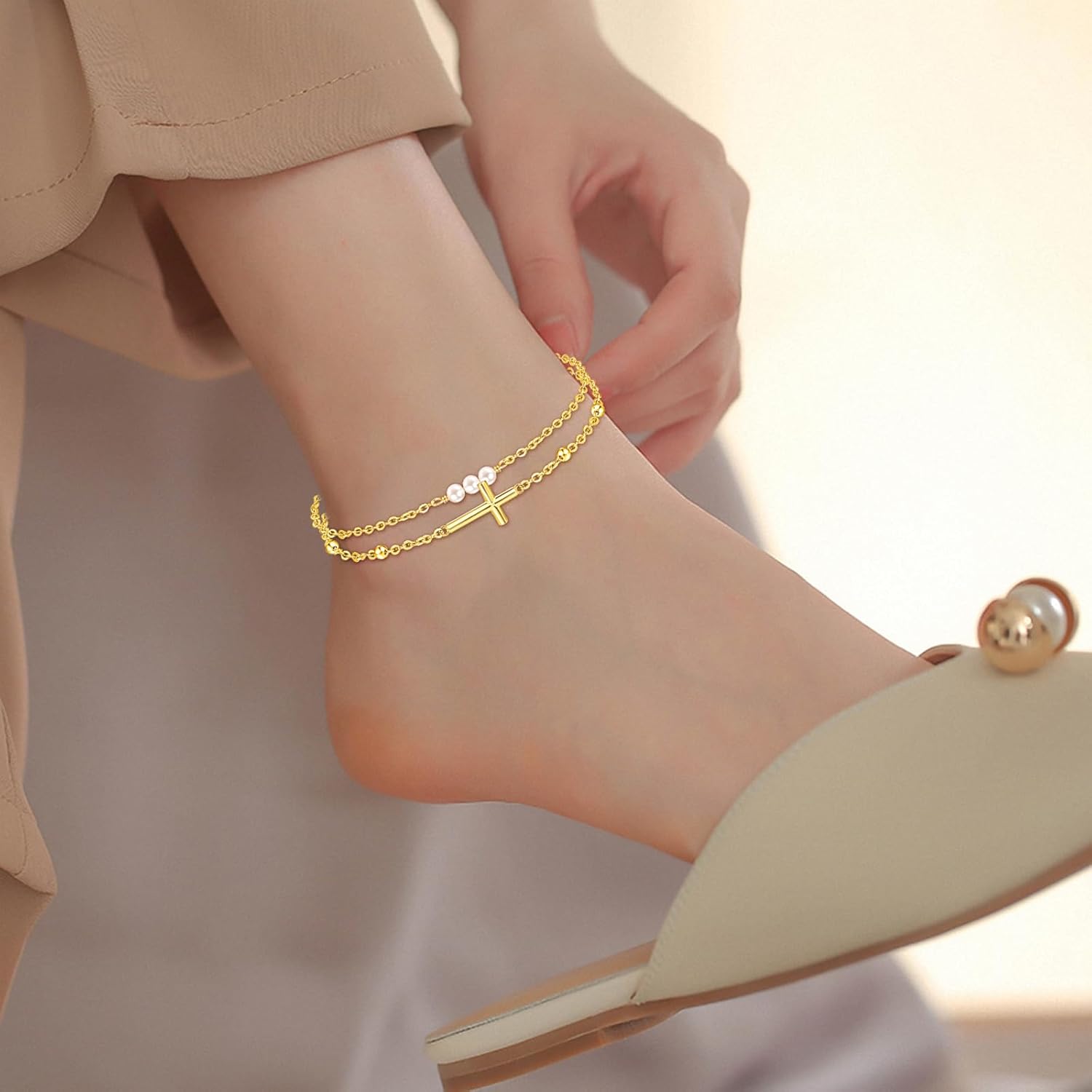 Palpitate Cross Anklet for Women Pearl Cross Ankle Bracelets 14K Gold Plated Adjustable Layered Foot Bead Chain for Women