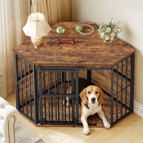 Hzuaneri Corner Dog Crate Furniture, Wooden Dog Kennel with Barn Door, Decorative Pet Cage as TV Stand, Indoor Heavy Duty Dog Kennel for Small Medium Dogs, Rustic Brown