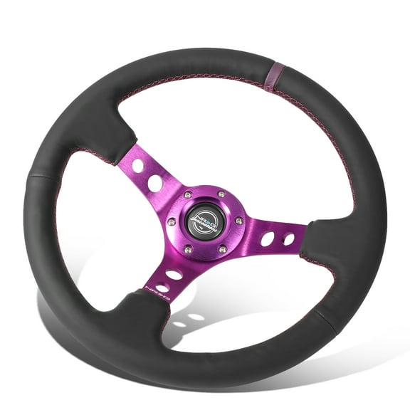 NRG Reinforced Steering Wheel (350mm / 3in. Deep) Black Leather w/Purple Center  Purple Stitching