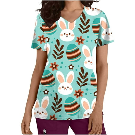 

atinetok Womens Scrub Tops Trendy Easter Eggs Print Womens Shirts Dressy Casual Tops Loose Fit Short Sleeve V Neck Cute Shirts