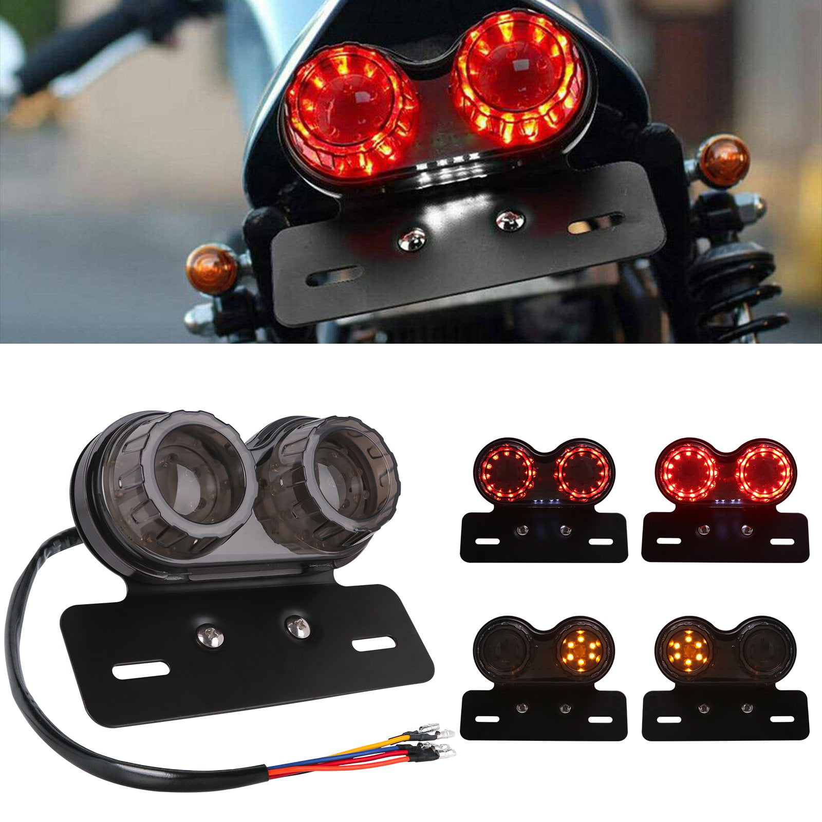 Motorcycle Smoke LED Twin Tail Turn Signal Brake License Plate Integrated Light 