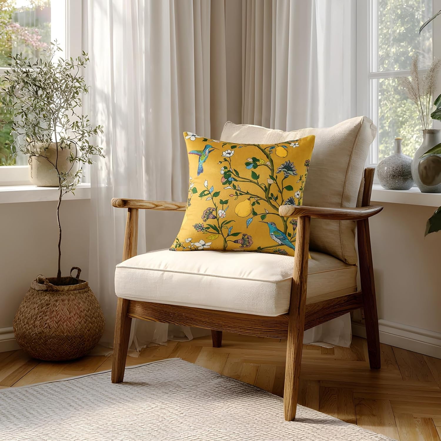 COOKCOK Yellow Floral Pillow Covers 18x18 Set of 2, Velvet Wild Flower Plant Throw Pillows Case, Square Farmhouse Decor Cushion Covers for Home Sofa Bed Couch
