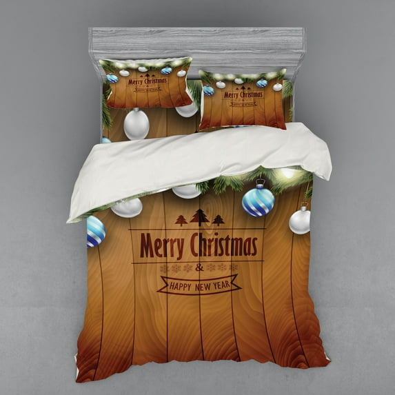 Ambesonne Christmas Bedding Set 4 Pcs, on Wood Pine, Queen, Brown