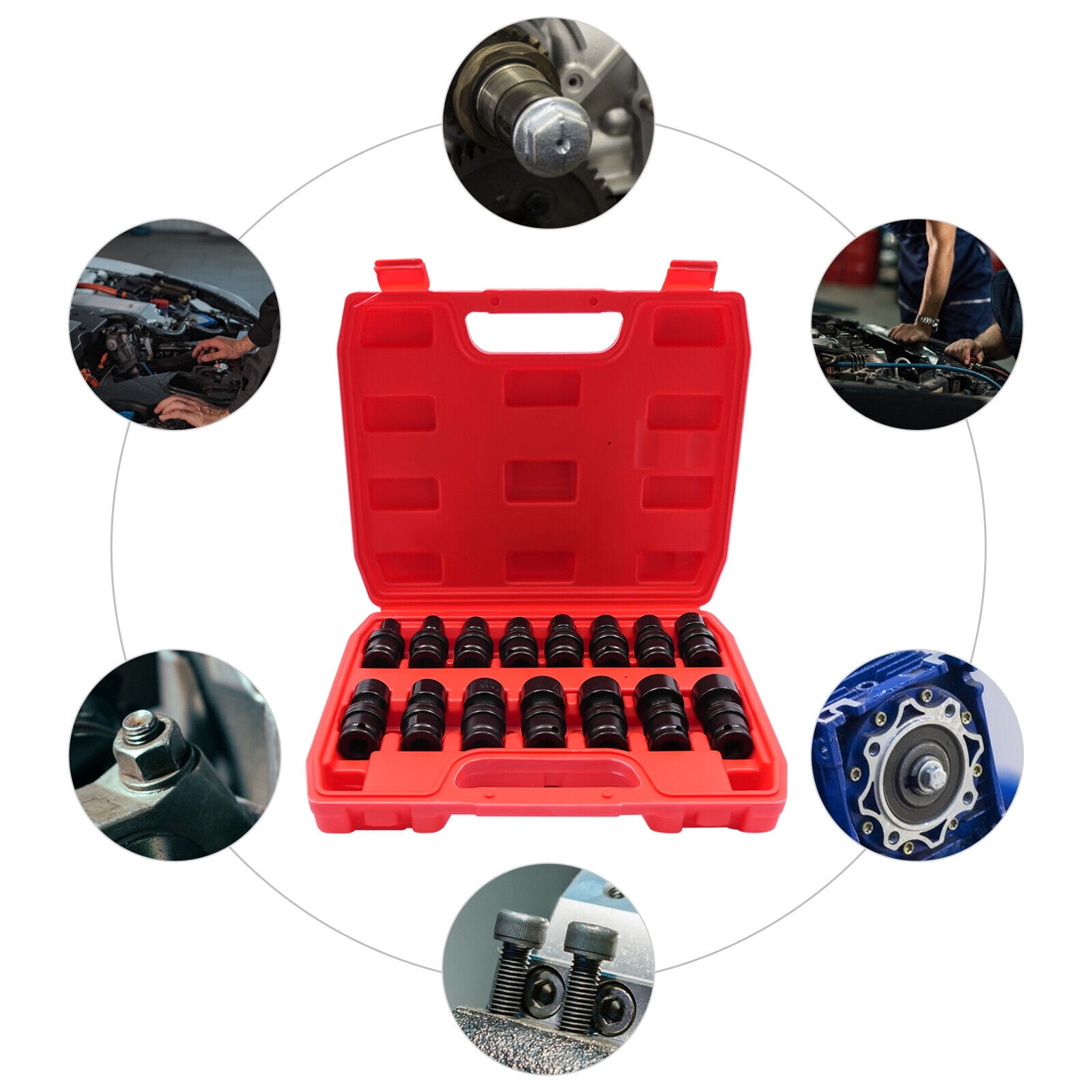 Universal Joint Socket Set 15PCS 3/8" Socket Set 8mm-22mm Swivel Socket Set - Black Red