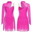 thumbnail image 2 of iiniim Latin Dance Dress Women Rumba Chacha Tango Single Sleeves Performance Clothing Latin Skirt Hot Pink M, 2 of 6