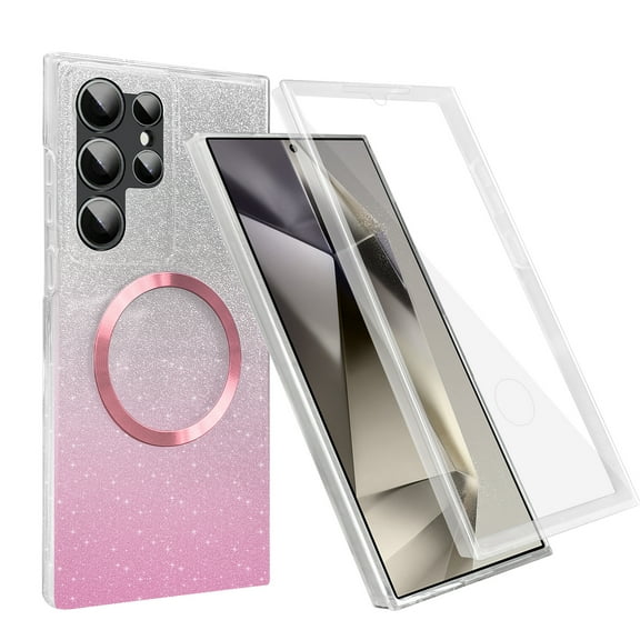 For Samsung Galaxy S23 Ultra Case with Screen Protector, Gradient Glitter Color Design Magnetic Back Cover Compatible with Magsafe & Car Mount Shockproof Phone Case for Samsung Galaxy S23 Ultra,Pink