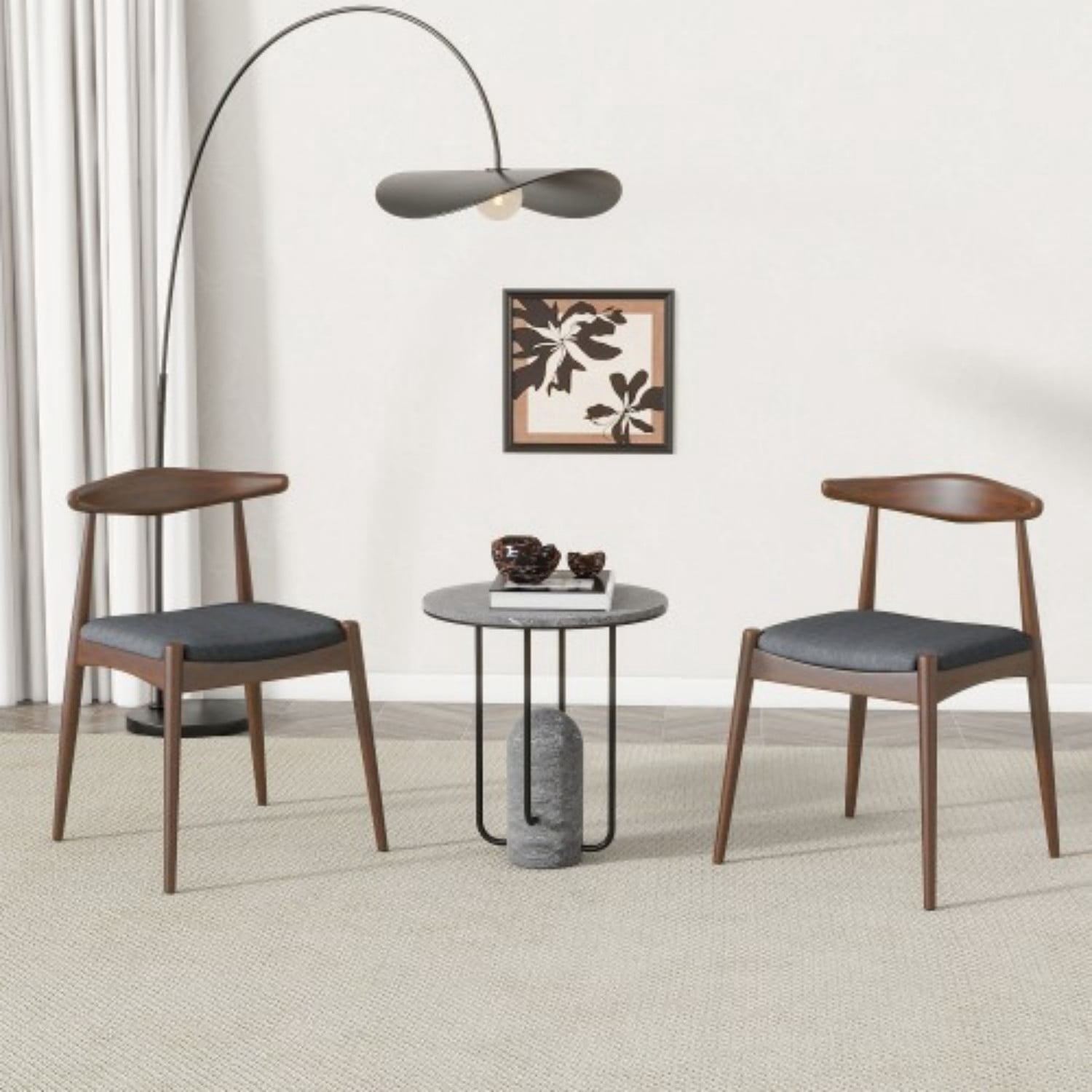Set of 2 Rubberwood Dining Chairs with Ergonomic Backrest, Upholstered Cushion Seats & Solid Wood Frame, Mid-Century Dining Room Chairs, Walnut, Charcoal