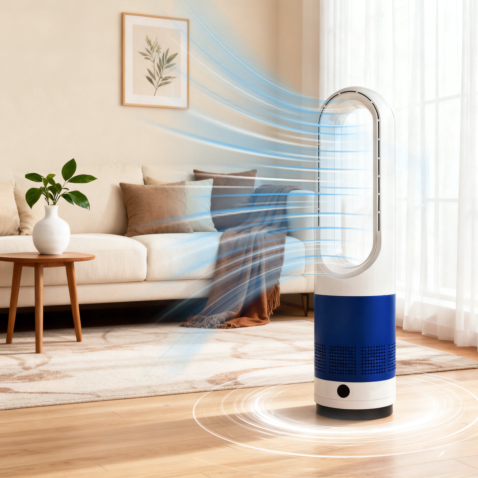Simenmax 22'' Bladeless Tower Fan, 80° Oscillating Quiet Cooling Fan, 8 Speeds & 8H Timer, Remote Control with LED Display for Home Office Living Room,Blue