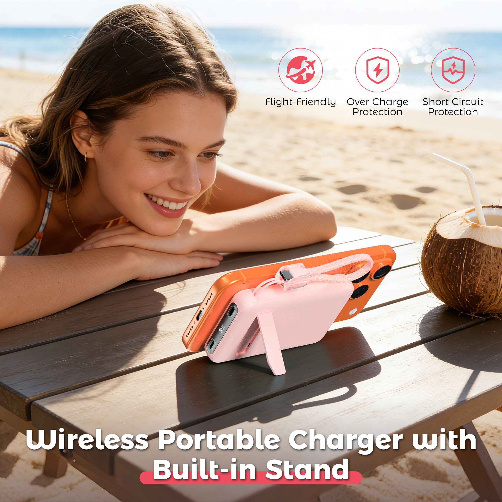 OWNTECH 10000mAh Magnetic Wireless Power Bank with Smart Display, 22.5W PD Fast Charging Portable Charger, Built-in Foldable Stand & USB-C Cable Compatible with iPhone 17/16/15/14 Series (Pink)