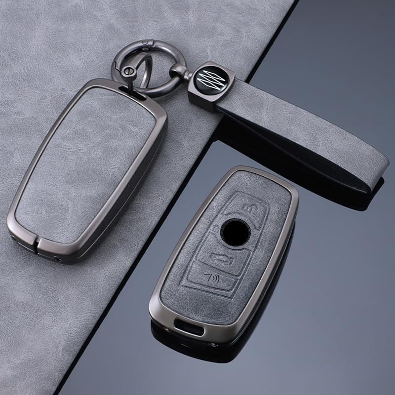 Gray Metal Leather Key Fob Cover Fit for BMW X3 M2 F Series 235ix 320 E90 E92 E93 X5 F10 F20 F30 F40, 1 2 3 4 5 7 series 2017 M4 Accessories Keyless Key Holder with Keychain