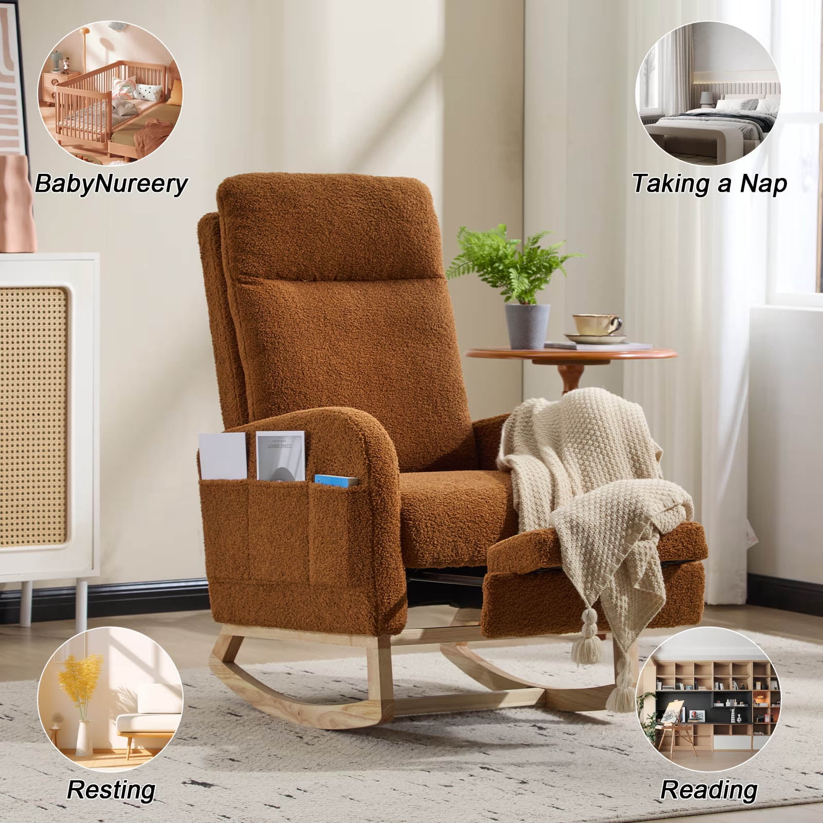 Brookwell Cozy Reclining Rocking Chair – Ergonomic Upholstered Glider with Pocket Storage, Adjustable Backrest, and Wooden Base for Living Room, Bedroom, Nursery