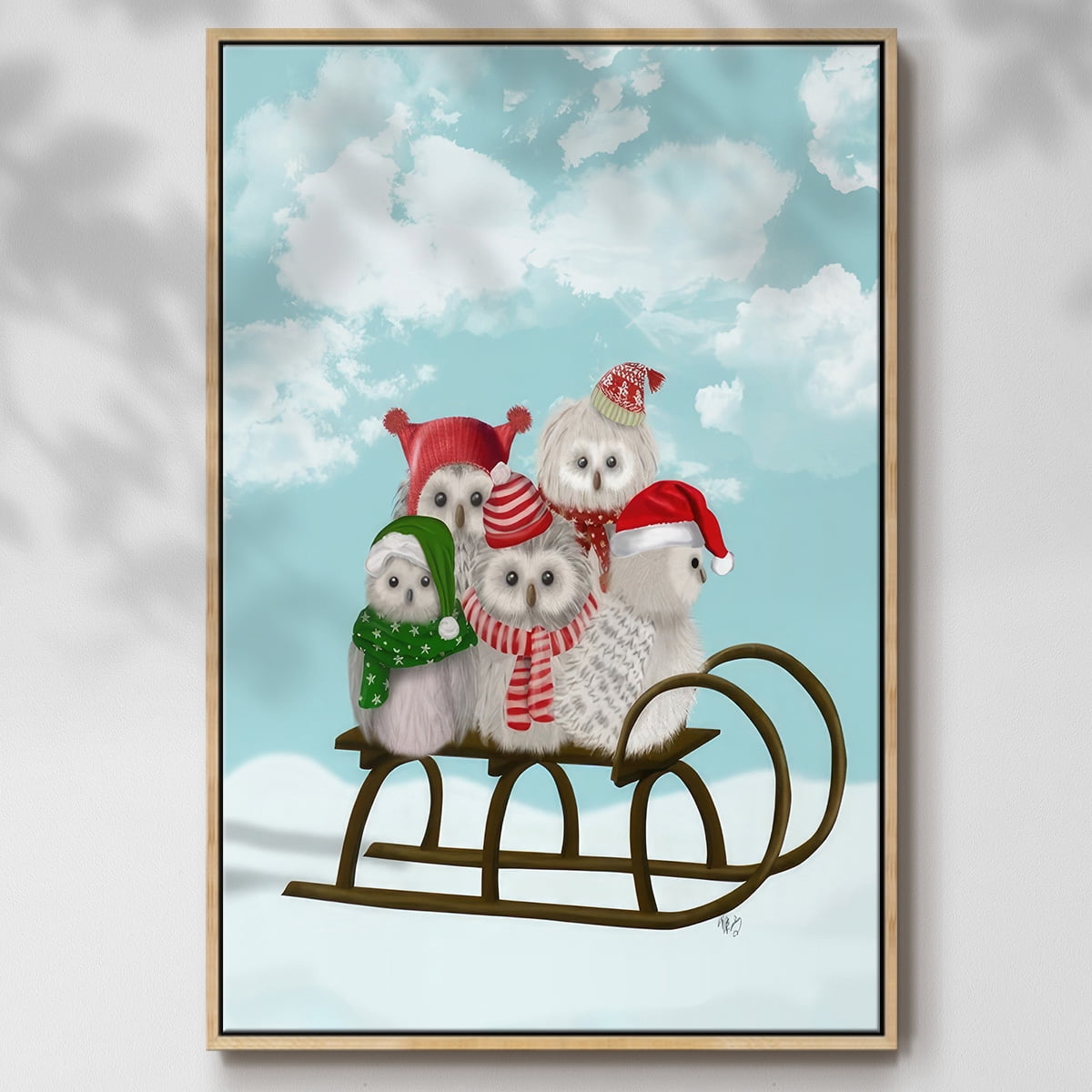 Christmas Christmas Owl Sled - Framed Gallery Wrapped Holiday Canvas - 25 x 37 - Natural Wood Frame