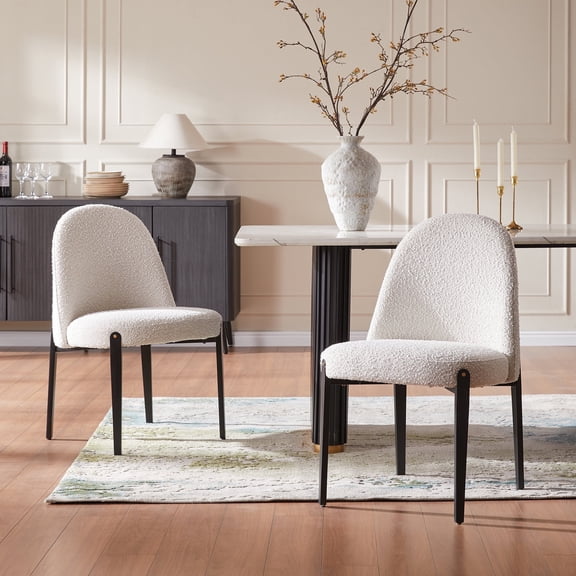 Morden Fort Boucle Dining Chairs Set of 2 with Metal Legs & Curved Backrest for Apartments, White