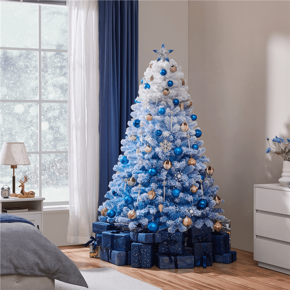 Alden Design 6Ft Pre-lit Flocked Artificial Christmas Tree with 250 Multicolored LED Lights, Lake Blue Gradient