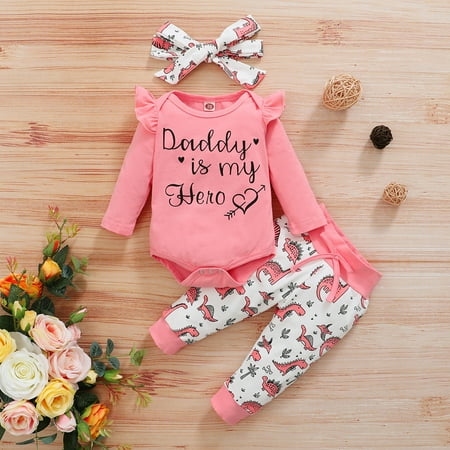 

BadyminCSL Newborn Infant Baby Girls Print Romper Bodysuit+Dinosaur Pants+Headband Set