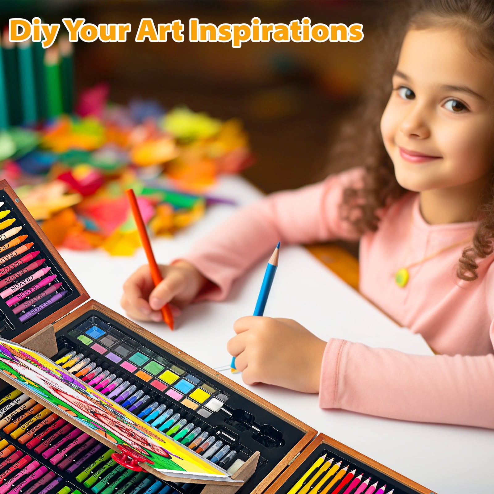 KINSPORY 172 Pack Painting Colouring Art Set, Art Supplies with Drawing Easel, Wooden Case Gift for Artist Beginners Kids Girls Boys (Brown)